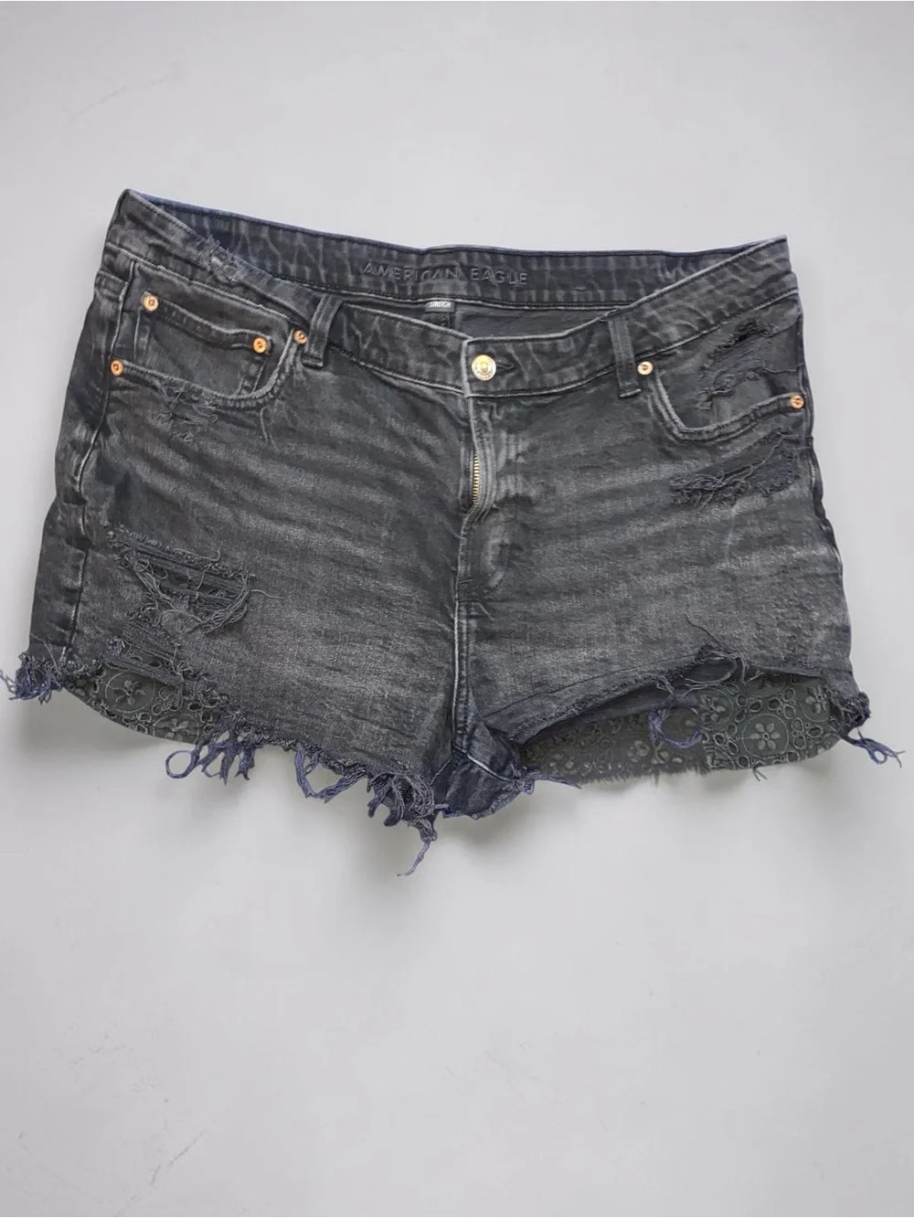 American Eagle Distressed Black Denim Shorts with Crochet Patchwork Trim sz 16